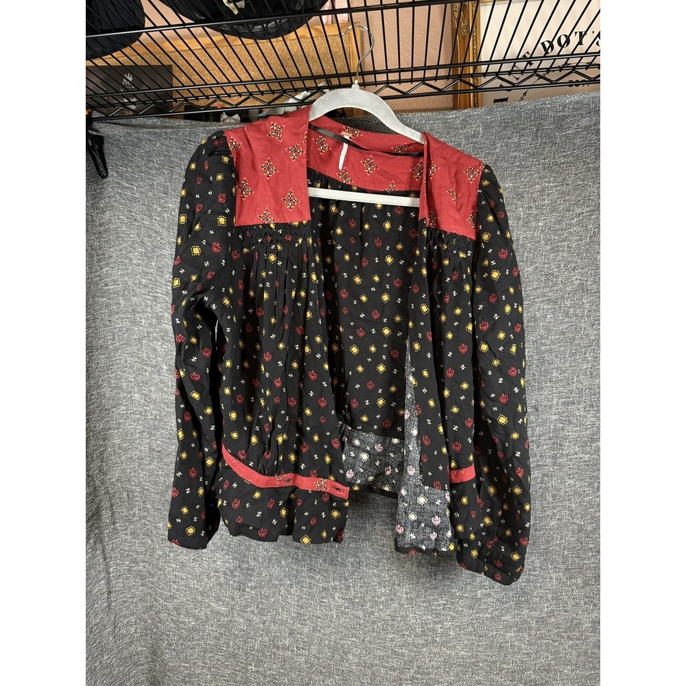 Free People Black Where We Roam Blouse Large long sleeve